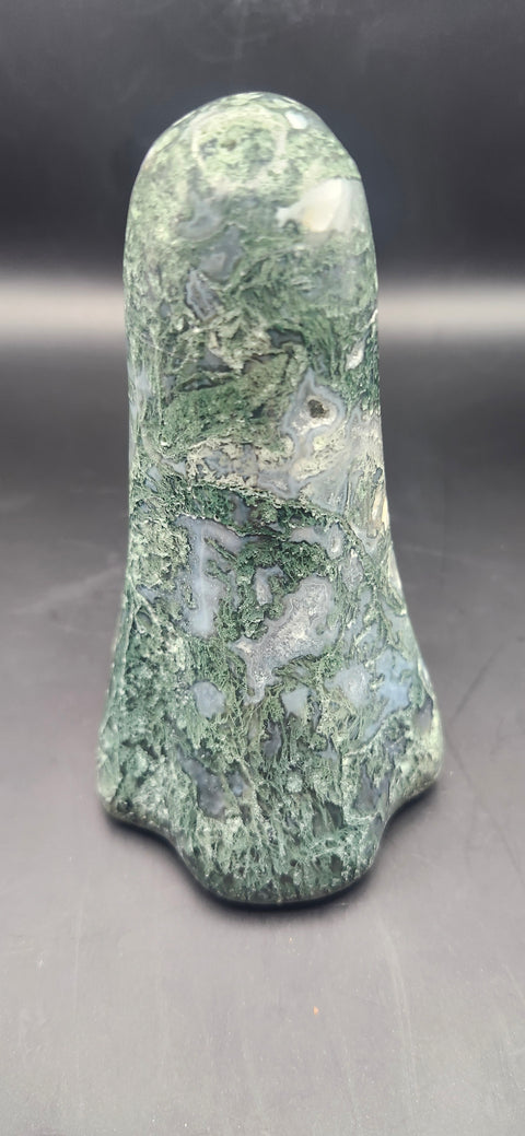Moss agate tower. 13.5 ounces, 4 inches tall