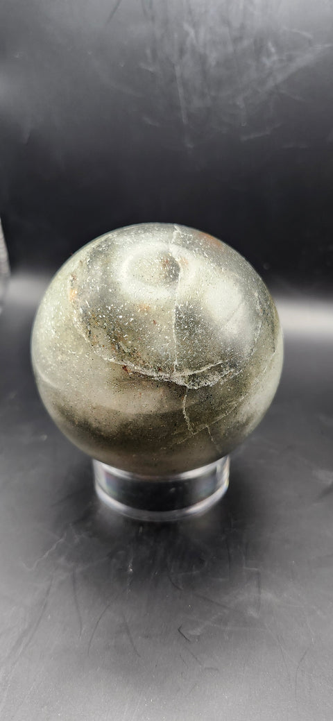 Green,gray aventurine sphere, 72.3mm, 2.84 inches, 1.2 pounds. Sparkles!!