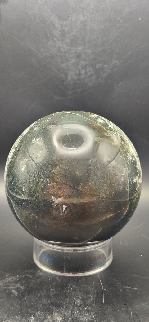 Moss agate sphere. 74.3mm, 2.92 inches, 1.4 pounds!