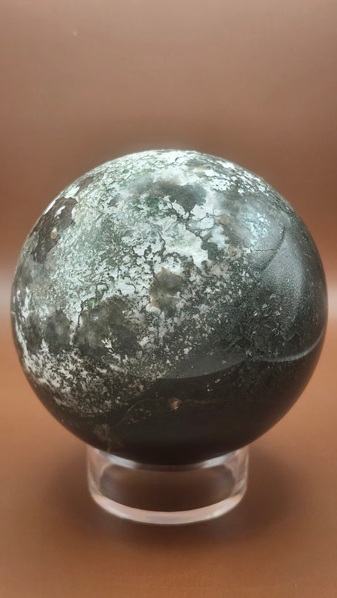 Moss agate sphere. 81.4mm,.3.20 inches, 1.9 inches