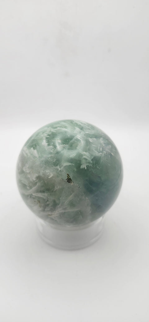 Snowflake florite sphere. 59.6mm, 2.34 inches, 12.4 ounces