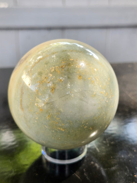 Blue and white striped calcite sphere! 67mm. 2.66 inches, 15 ounces