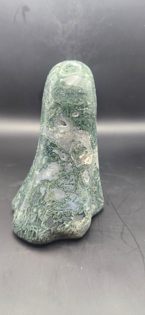 Moss agate tower. 13.5 ounces, 4 inches tall