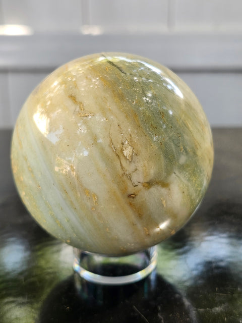 Blue and white striped calcite sphere! 67mm. 2.66 inches, 15 ounces