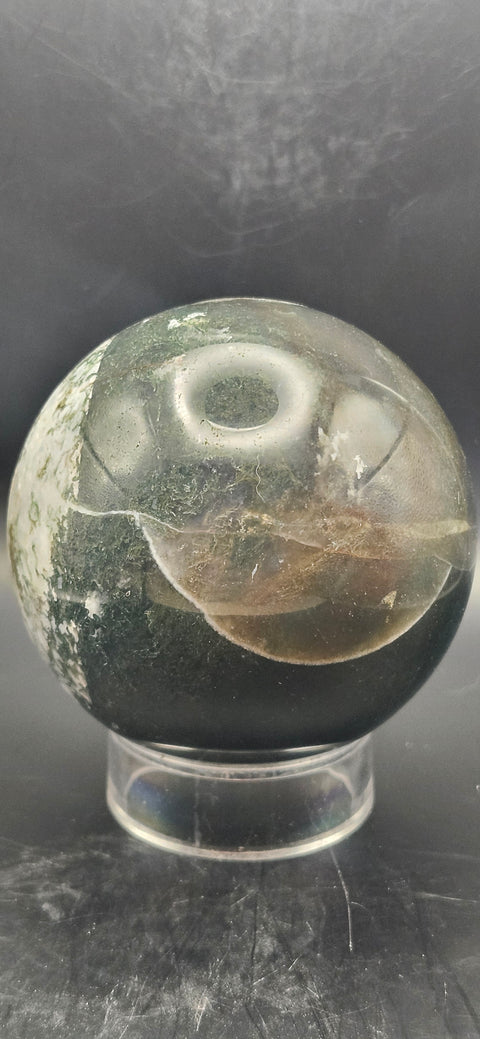Moss agate sphere. 74.3mm, 2.92 inches, 1.4 pounds!