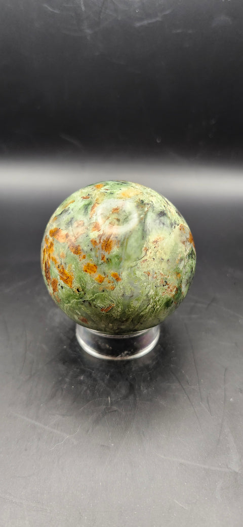 Olive opal sphere. 52mm, 2.04 inches, 6.2 ounces