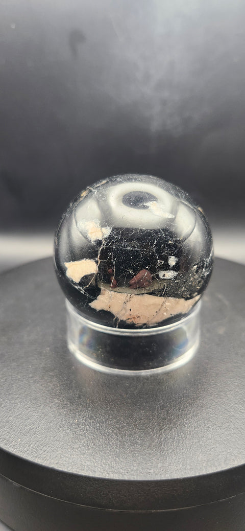 Black tourmaline sphere. 49.6mm, 1.95 inches, 7 ounces