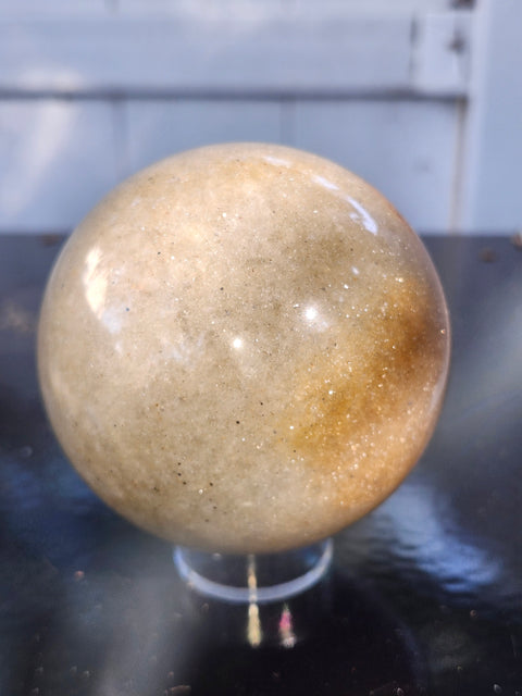 Green and gold aventurine sphere with silver flash 1.4 pounds, 74mm