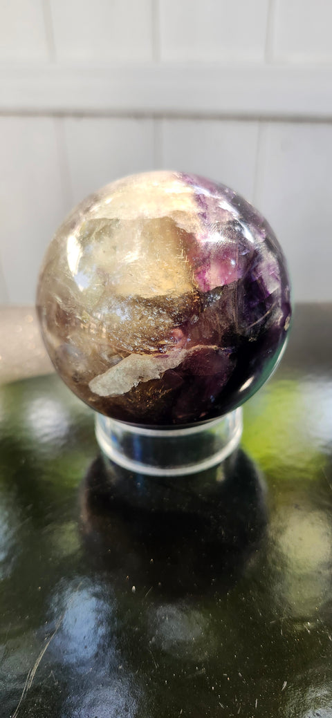 Blue,purple, clear florite sphere. 67.8mm, 2.67 inches, 1.2 pounds
