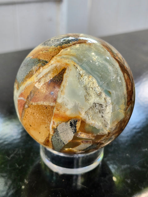 Blue and brown calcite sphere! 73mm, 2.88 inches, 1.3 pounds