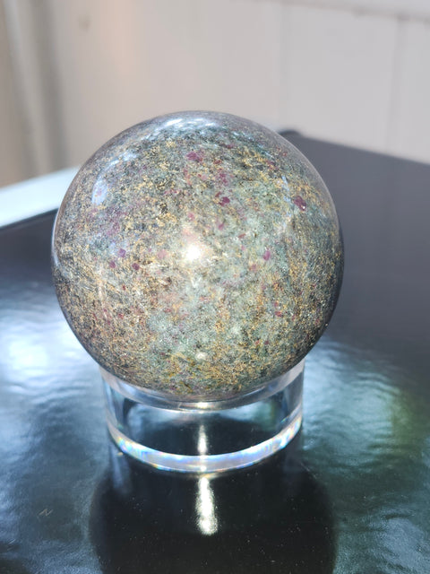 13 ounce ruby in kyanite sphere!! Uv reactive, 58 mm,2.3 inches