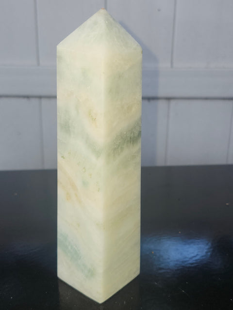 Blue and white striped calcite tower! 1.3 pounds, 7 inches