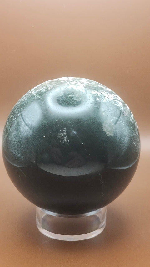 Moss agate sphere. 81.4mm,.3.20 inches, 1.9 inches