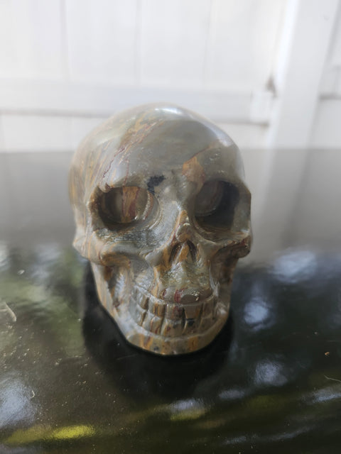 Green jasper skull, 1.4 pounds, 4 inches long, 3 inches tall, 3 inches wide