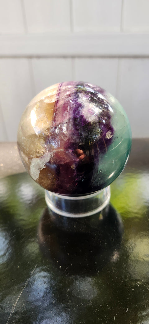 Blue,purple, clear florite sphere. 67.8mm, 2.67 inches, 1.2 pounds