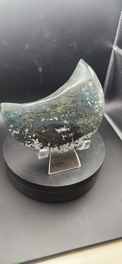 Moss agate moon! 13 ounces, 4.5 inches long, 2.8 wide