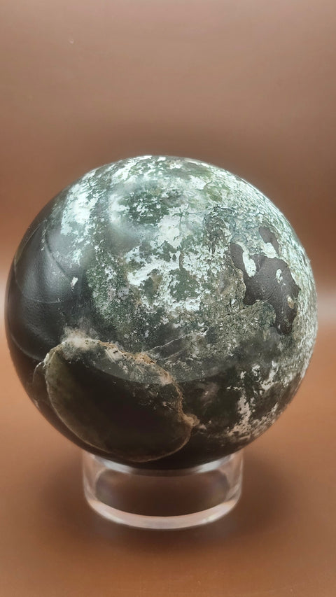Moss agate sphere. 81.4mm,.3.20 inches, 1.9 inches