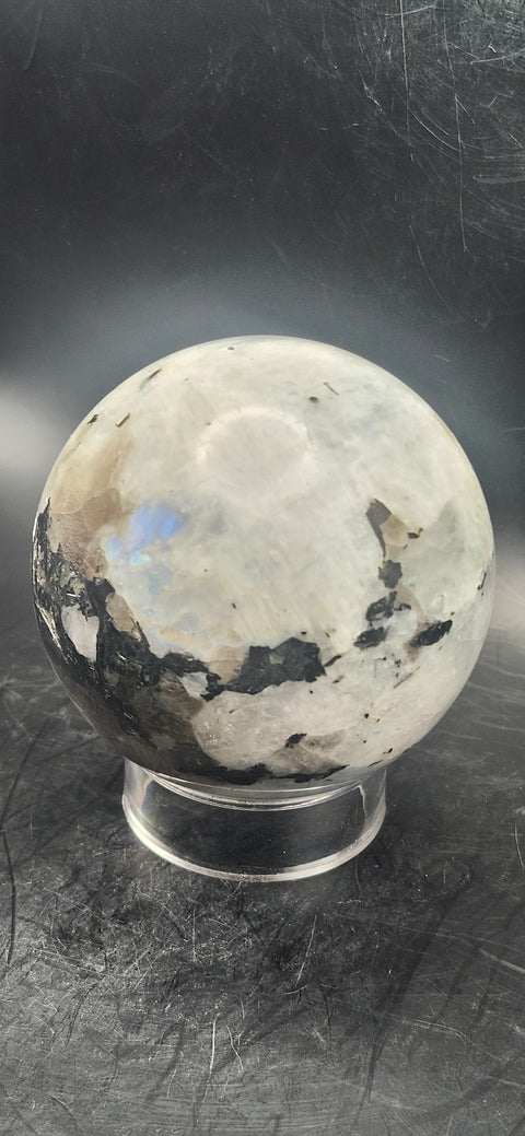 Rainbow moonstone sphere! 72.9mm, 2.8 inches, 1.3 pounds