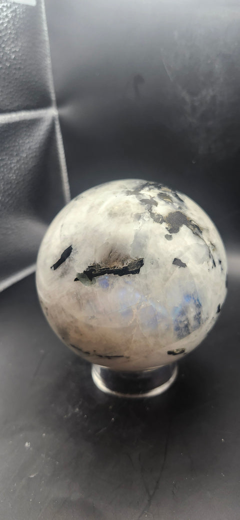 Rainbow moonstone sphere! 87.8mm, 3.45 inches, 2.2 pounds