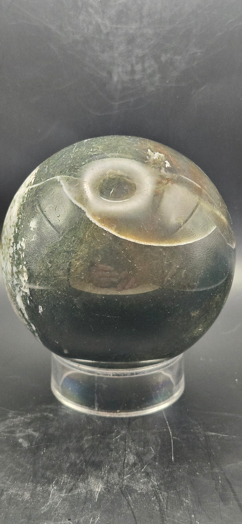 Moss agate sphere. 74.3mm, 2.92 inches, 1.4 pounds!