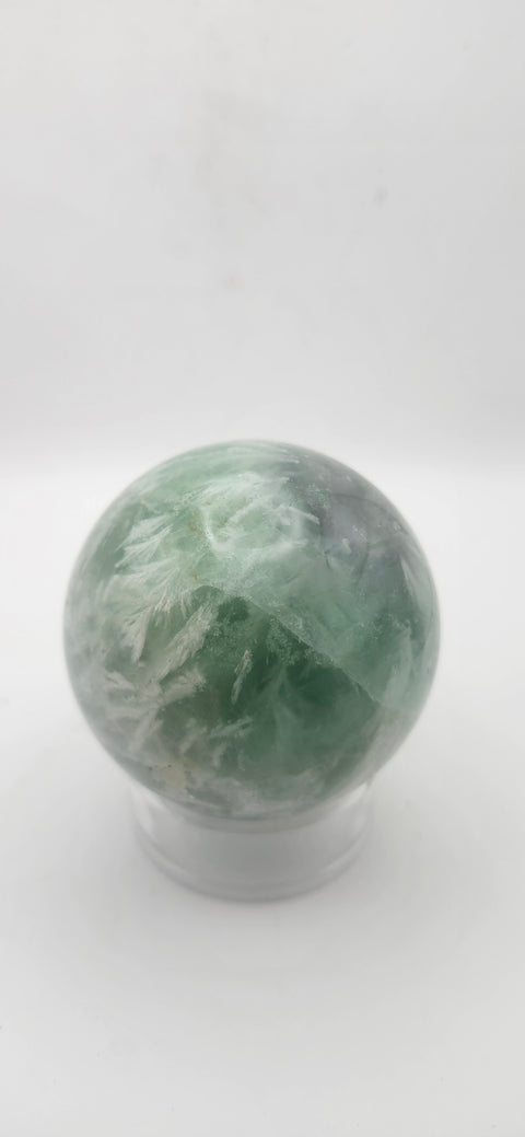 Snowflake florite sphere. 59.6mm, 2.34 inches, 12.4 ounces