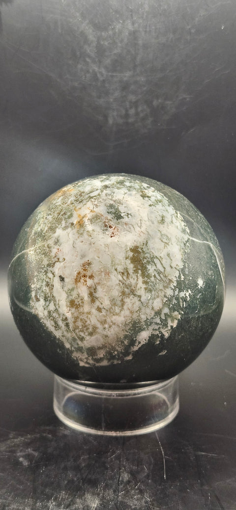 Moss agate sphere. 74.3mm, 2.92 inches, 1.4 pounds!