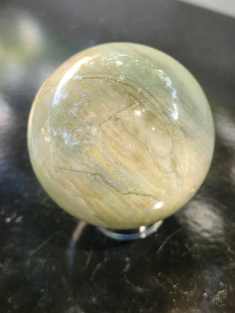 Blue and white striped calcite sphere! 67mm. 2.66 inches, 15 ounces