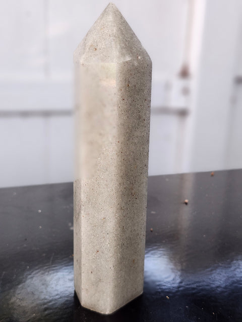 Green aventurine tower with silver flash! 12.8 ounces, 6.5 inches