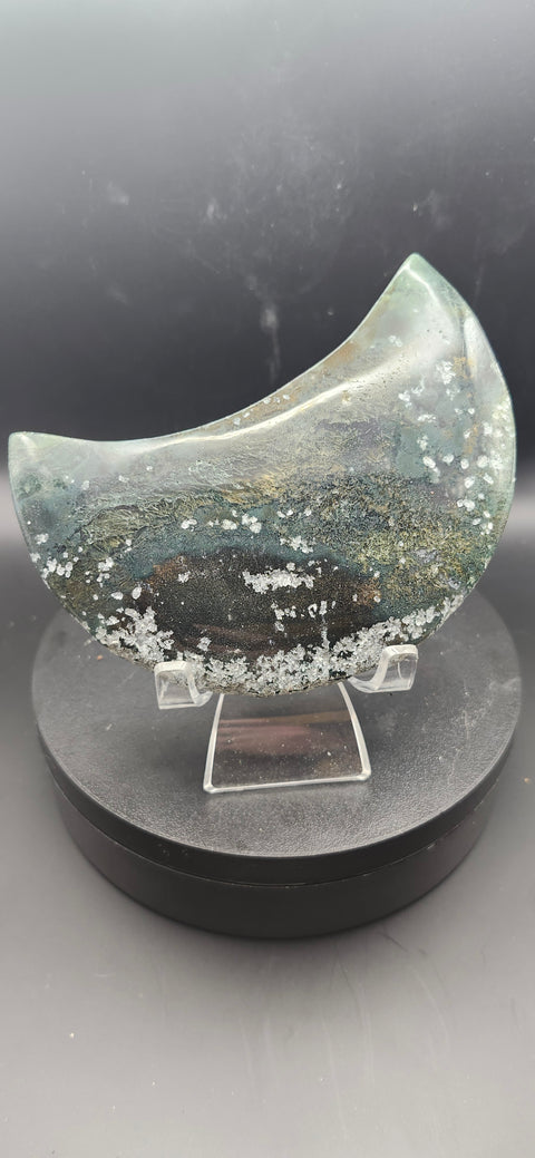Moss agate moon! 13 ounces, 4.5 inches long, 2.8 wide