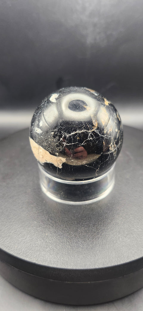 Black tourmaline sphere. 49.6mm, 1.95 inches, 7 ounces