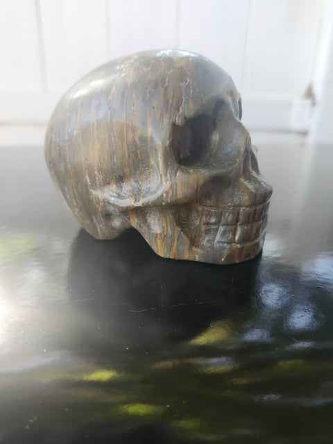 Green jasper skull, 1.4 pounds, 4 inches long, 3 inches tall, 3 inches wide