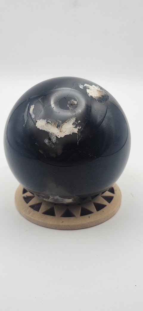 Black agate sphere. 55.6mm, 2.18 inches, 8.3 ounces!