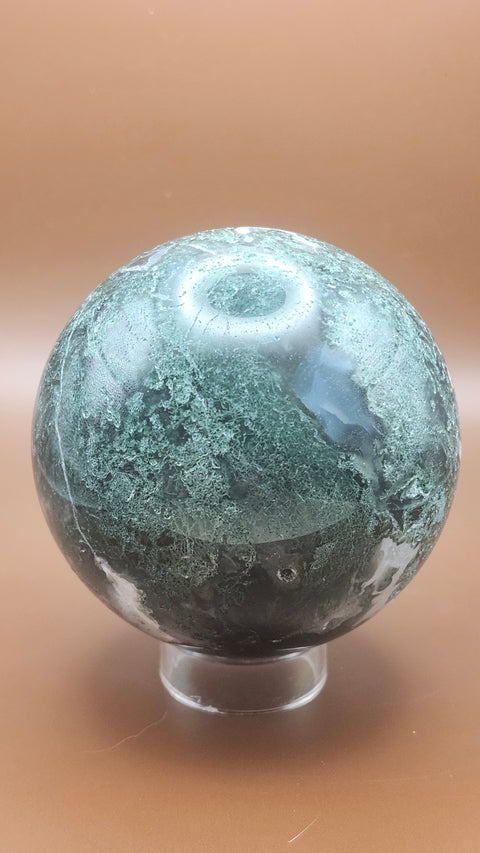 Moss agate sphere. 75mm, 2.96 inches, 1.4 pounds!