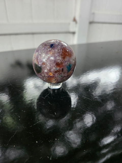 4 to 5 ounce Blue apatite, lepidolite, Sunstone sphere 56.2 mm, 2.21 inches