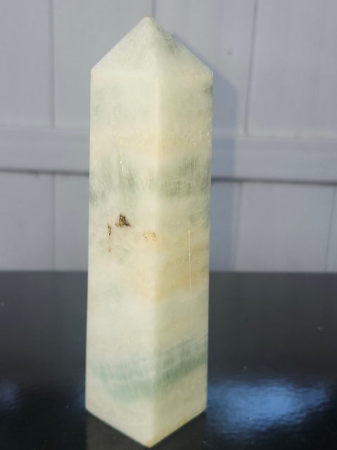 Blue and white striped calcite tower! 1.3 pounds, 7 inches