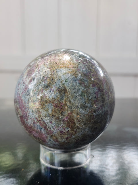 Ruby in kyanite sphere 14.5 ounces, 60mm, 2.36 inches uv reactive