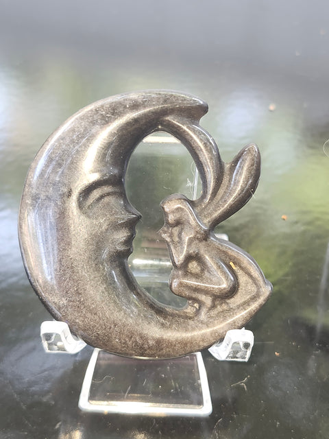 Silver obsidian moon fairy! 2.3 inches, 1.2 ounces