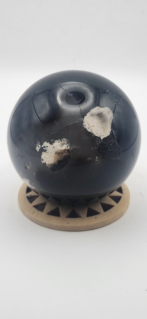 Black agate sphere. 55.6mm, 2.18 inches, 8.3 ounces!