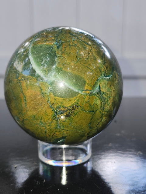 Green jasper sphere! 15.3 ounces, 66mm, 2.6 inches