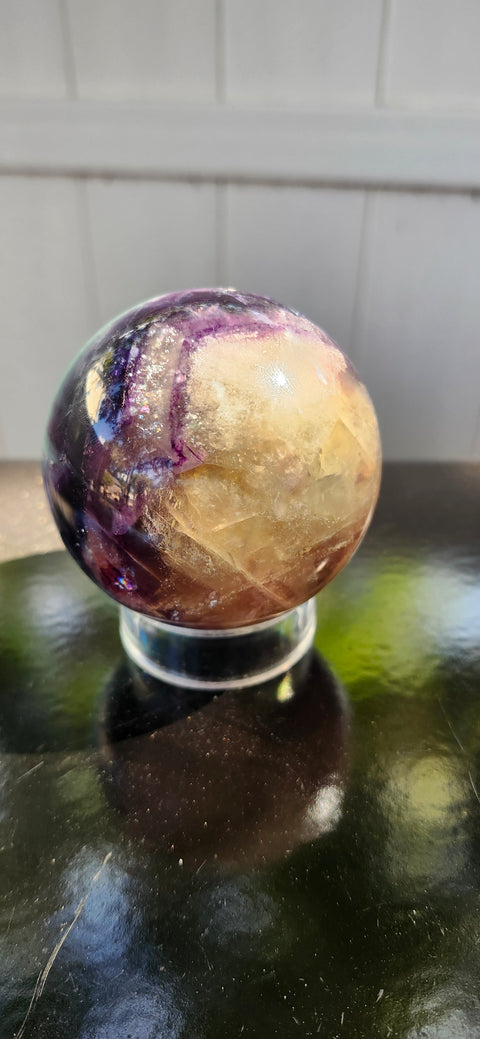 Blue,purple, clear florite sphere. 67.8mm, 2.67 inches, 1.2 pounds