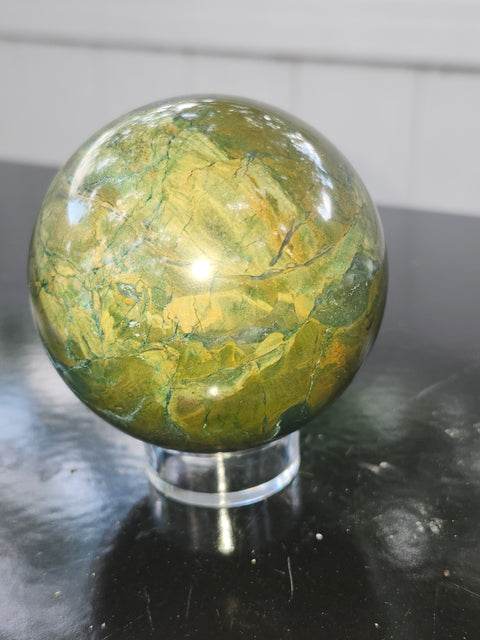 Green jasper sphere! 15.3 ounces, 66mm, 2.6 inches