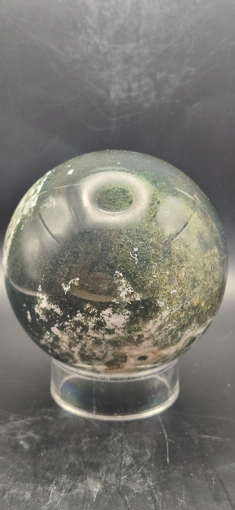 Moss agate sphere. 74.3mm, 2.92 inches, 1.4 pounds!