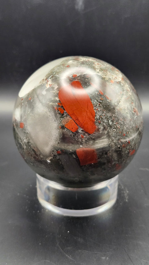 African bloodstone sphere. 66.5mm, 2.62 inches, 15.2 ounces