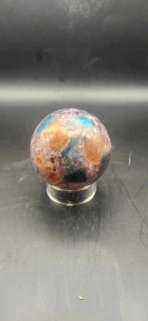 Blue apatite, lepidolite, Sunstone sphere. 45.9mm, 1.81 inches, 4.1 ounces!