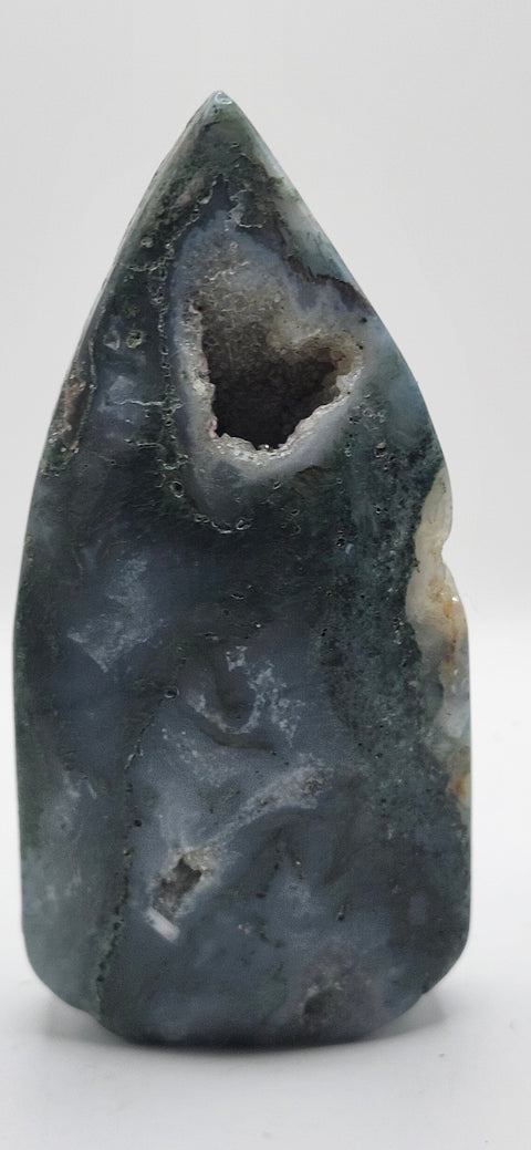 Druzy Moss agate tear tower! 5.5 inches 8.5 ounces