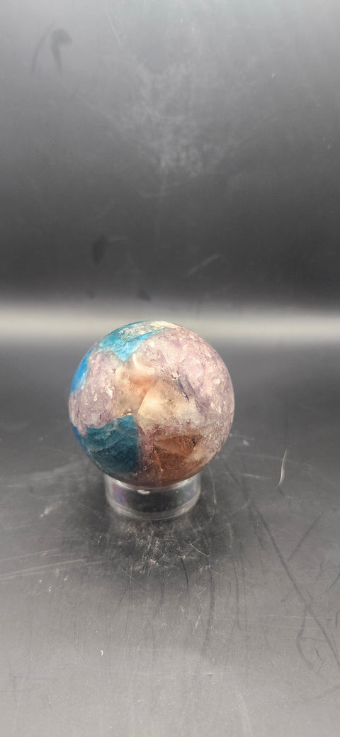Blue apatite, lepidolite, Sunstone sphere. 49.9mm, 1.96 inches 5.3 ounces