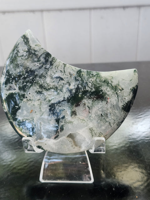 Druzy moss agate moon! 9.6 ounces, 4 inches