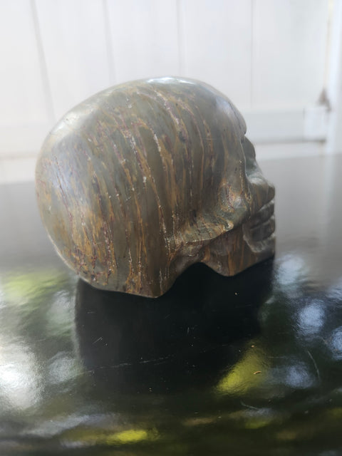 Green jasper skull, 1.4 pounds, 4 inches long, 3 inches tall, 3 inches wide