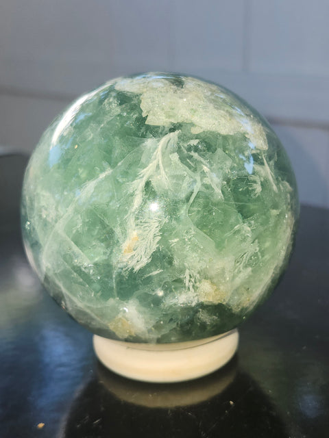 Snowflake florite sphere! 79mm, 3.13 inches, 1.15 pounds