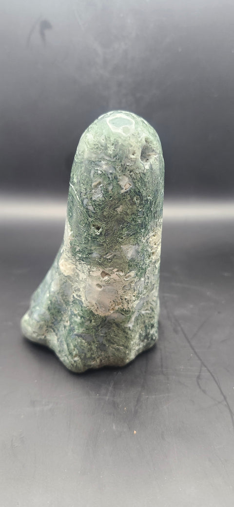 Moss agate tower. 13.5 ounces, 4 inches tall